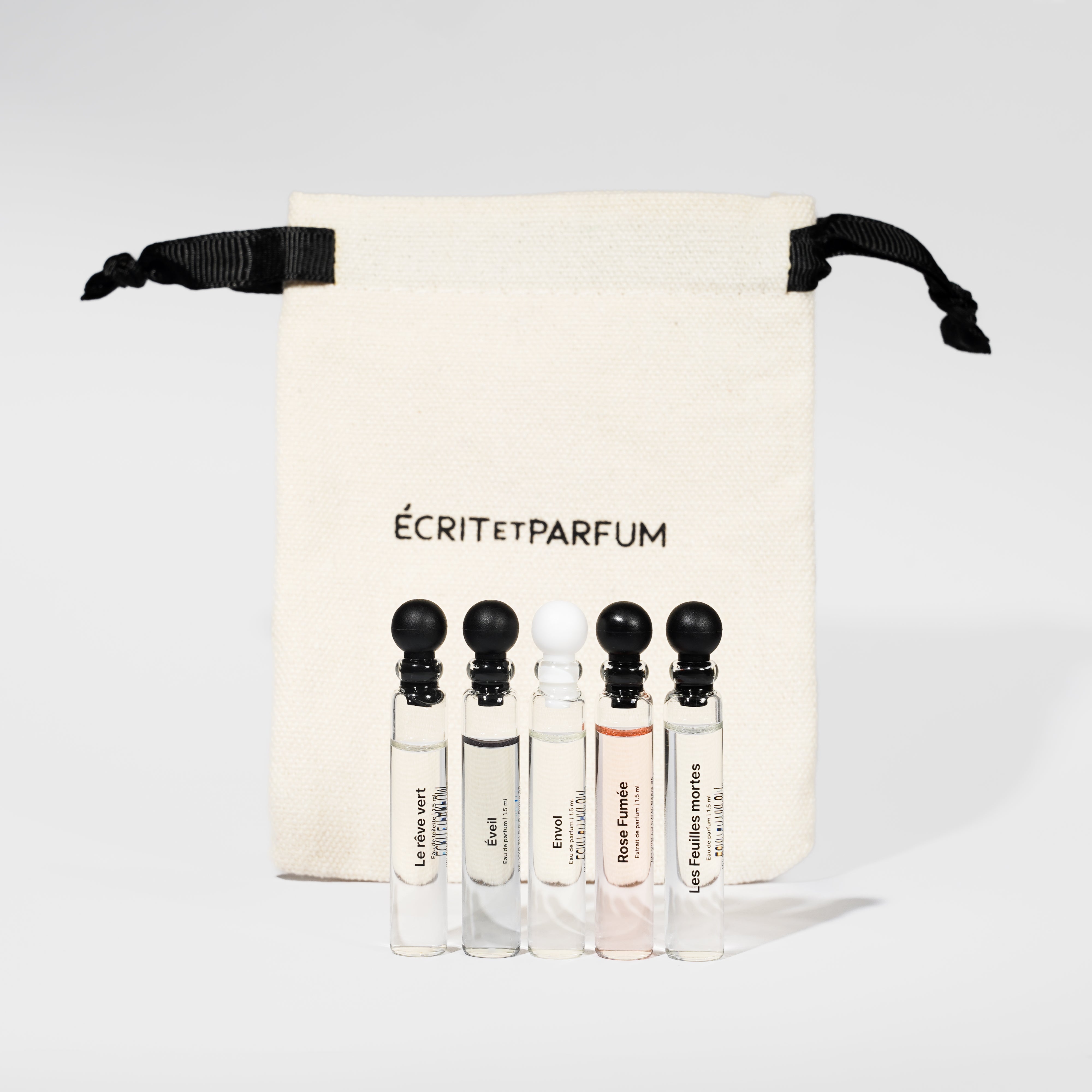 Écrit et Parfum Discovery Kit 5 fragrance samples 1.5ml with canvas pouch